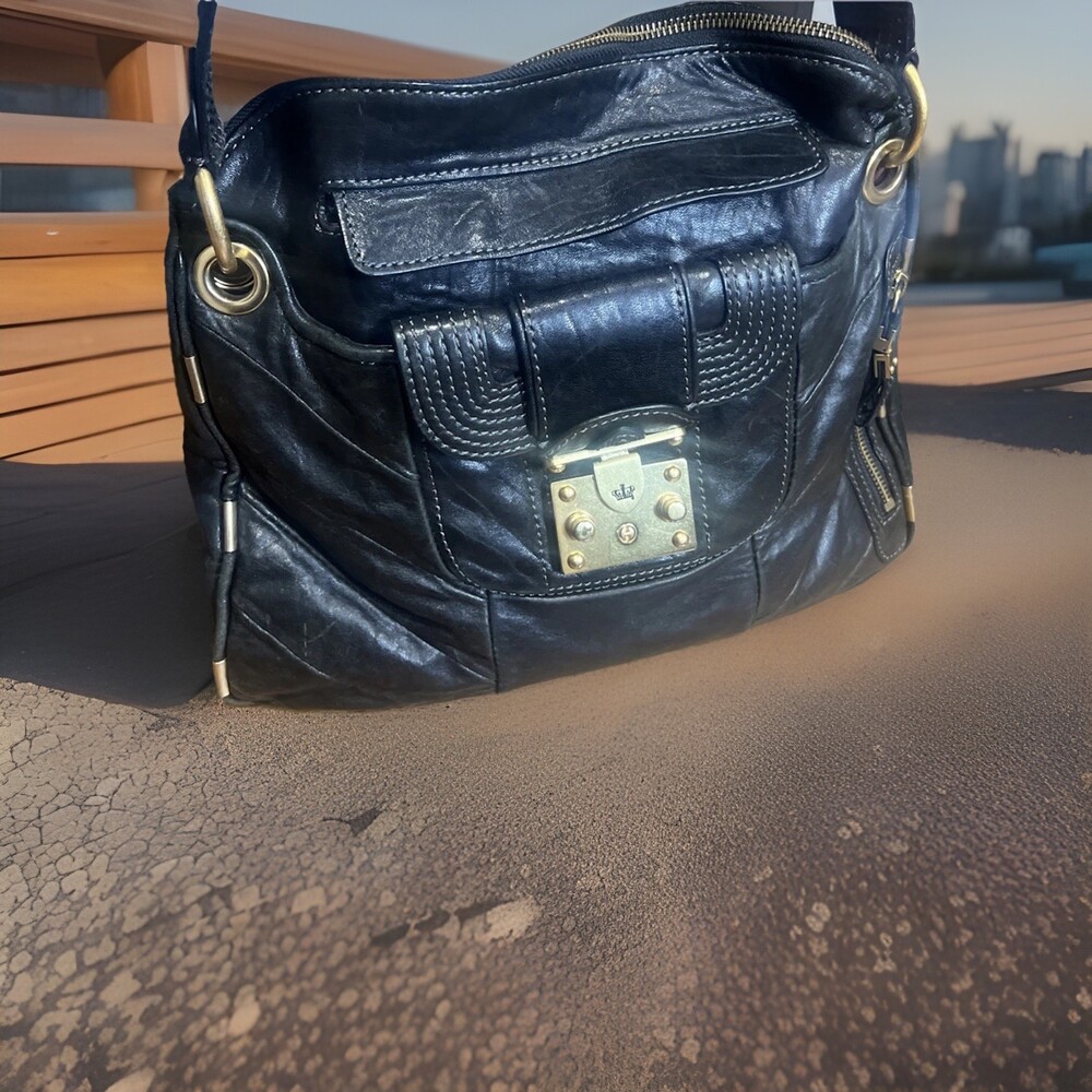 Vintage Juicy Couture 100% Genuine Leather Classic Black Shoulder Bag Y2K Edgy